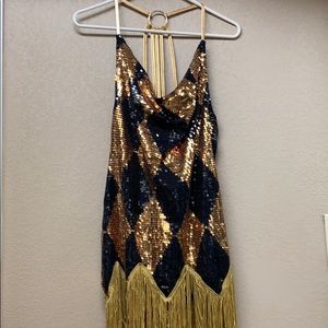 Harlequin sequined dress with fringe
